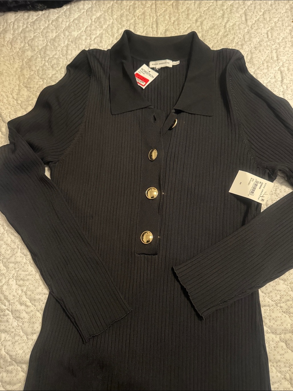 NWT Good American Black Ribbed Long-Sleeve Polo Dress with Gold Buttons